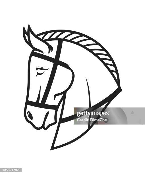 ilustraciones, imágenes clip art, dibujos animados e iconos de stock de cabeza de caballo en brida de caballo - silueta de contorno - chess horse