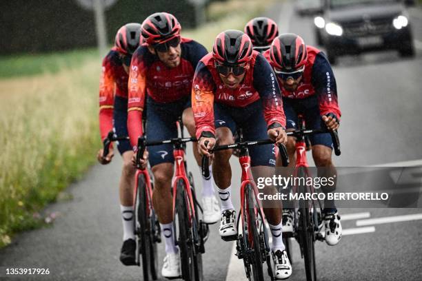 Grenadiers' Colombian rider Egan Bernal cycles ahead of teammates as they take part in a training session in Bilbao, northern Spain, on June 30 on...