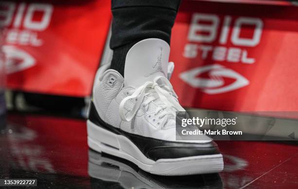 General view of the Nike Air Jordan sneaker worn by Zion Williamson of the New Orleans Pelicans during a timeout against the Miami Heat during the...