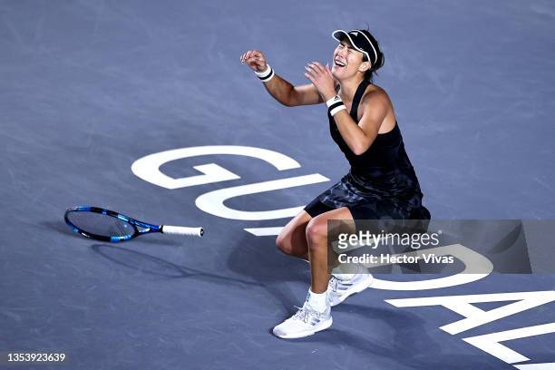 Garbiñe Muguruza of Spain celebrates after match point in Women's Singles final match against Anett Kontaveit of Estonia during Day 8 of 2021 Akron...