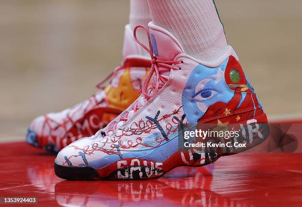 View of the shoes worn by Enes Kanter of the Boston Celtics against the Atlanta Hawks during the first half at State Farm Arena on November 17, 2021...