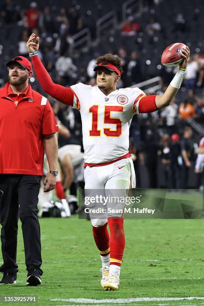 Patrick Mahomes of the Kansas City Chiefs walks off the field after a game against the Las Vegas Raiders at Allegiant Stadium on November 14, 2021 in...