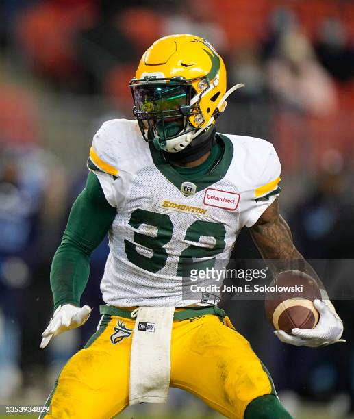 James Wilder Jr. #32 of the Edmonton Elks carries the ball against the Toronto Argonauts at BMO Field on November 16, 2021 in Toronto, Canada.