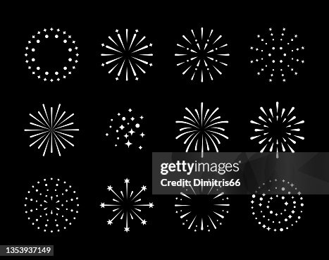 Feuerwerk. Set von Feuerwerkskörper-Ikonen für Jubiläum, Neujahr, Feiern, Festival. Flaches Design auf schwarzem Hintergrund. Feuerwerk. Set von Feuerwerkskörper-Ikonen für Jubiläum, Neujahr, Feiern, Festival. Flaches Design auf schwarzem Hintergrund.