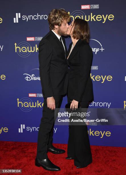 Renn Hawkey and Vera Farmiga attend Marvel Studios' Los Angeles Premiere of "Hawkeye" at El Capitan Theatre on November 17, 2021 in Los Angeles,...