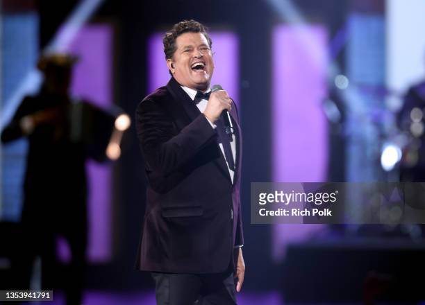 Carlos Vives speaks onstage during The Latin Recording Academy's 2021 Person of the Year Gala honoring Ruben Blades at Michelob ULTRA Arena on...