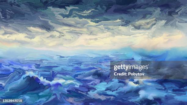 ilustrações, clipart, desenhos animados e ícones de paisagem marinha, tintas líquidas - dramatic sky