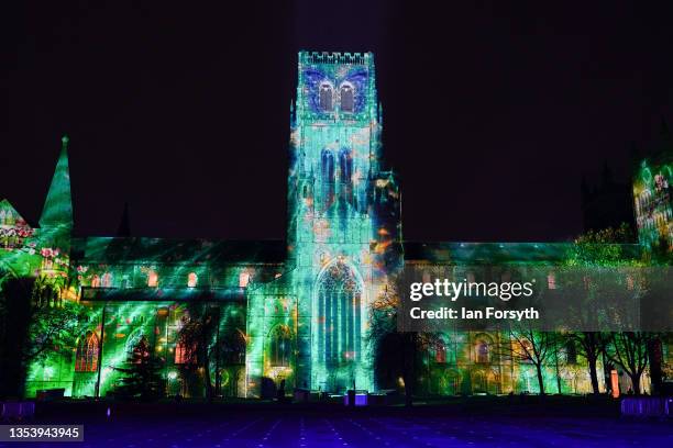 Light artwork called In Our Hearts Blind Hope is projected onto the facade of Durham Cathedral and forms part of the Durham Lumiere light festival on...