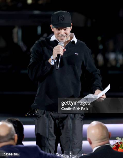 René Pérez speaks onstage during The Latin Recording Academy's 2021 Person of the Year Gala honoring Ruben Blades at Michelob ULTRA Arena on...