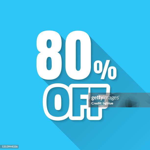 80 percent off (80% off). icon on blue background - flat design with long shadow - 80 percent stock illustrations