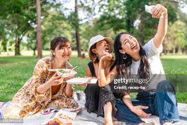 friends taking selfies while enjoying having picnic in nature - selfie three people stock pictures, royalty-free photos & images