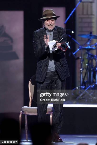 Joaquin Sabina speaks onstage during The Latin Recording Academy's 2021 Person of the Year Gala honoring Ruben Blades at Michelob ULTRA Arena on...