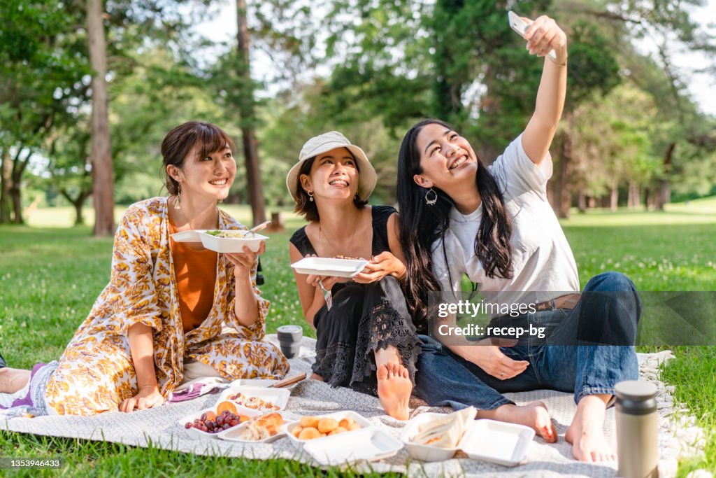 Friends taking selfies while enjoying having picnic in nature