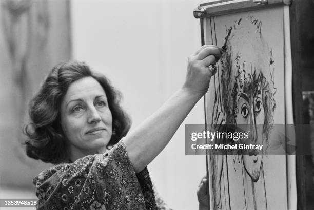 French painter Françoise Gilot in the studio of french artist Jean-Denis Maillart.