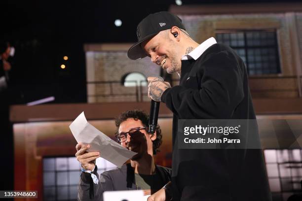René Pérez speaks onstage during The Latin Recording Academy's 2021 Person of the Year Gala honoring Ruben Blades at Michelob ULTRA Arena on...
