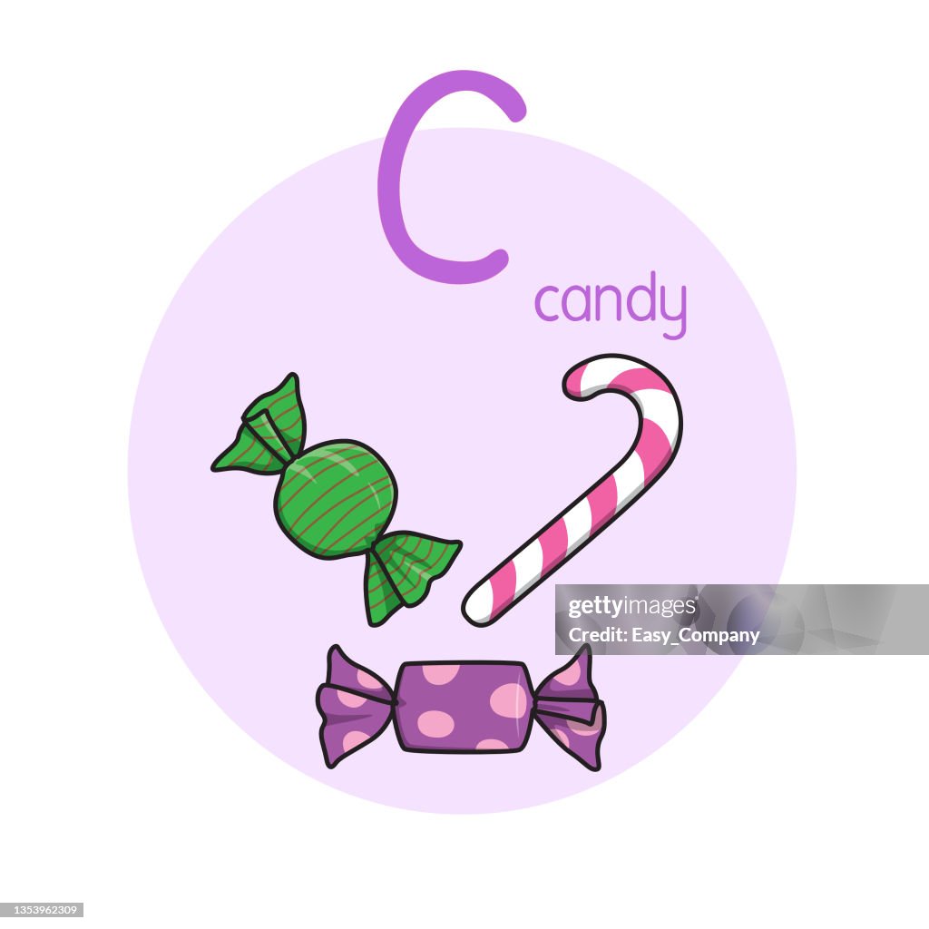 Ilustração vetorial de Candy com letra de alfabeto C Maiúscula ou letra maiúscula para crianças que aprendem prática ABC