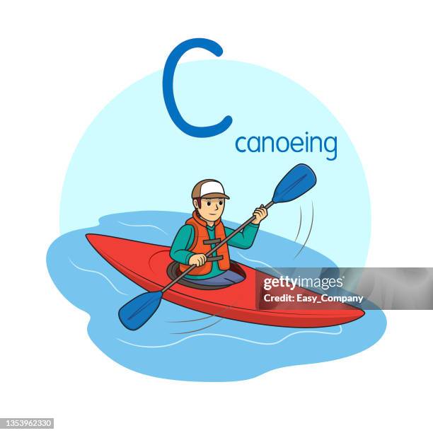 vector illustration of canoeing with alphabet letter c upper case or capital letter for children learning practice abc - people on canoe clip art stock illustrations