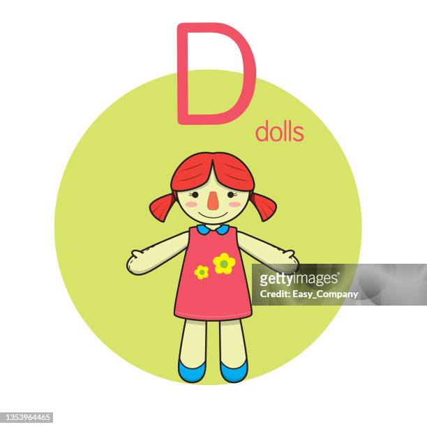 ilustrações de stock, clip art, desenhos animados e ícones de vector illustration of dolls with alphabet letter d upper case or capital letter for children learning practice abc - doll house
