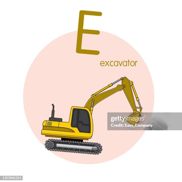 bildbanksillustrationer, clip art samt tecknat material och ikoner med vector illustration of excavator with alphabet letter e upper case or capital letter for children learning practice abc - grävmaskin