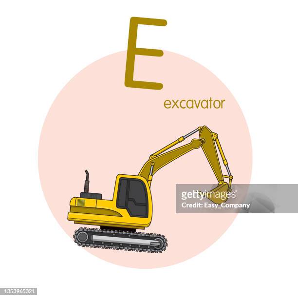 vector illustration of excavator with alphabet letter e upper case or capital letter for children learning practice abc - dump truck cartoon stock illustrations