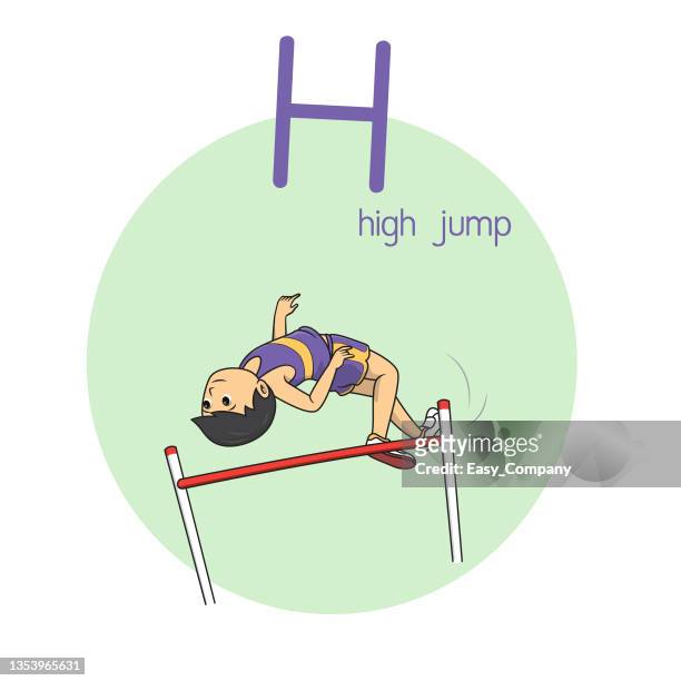 ilustraciones, imágenes clip art, dibujos animados e iconos de stock de ilustración vectorial de salto de altura con letra del alfabeto h mayúscula o letra mayúscula para niños práctica de aprendizaje abc - salto de altura
