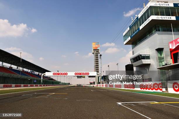 General view of the start finish straight during previews ahead of the F1 Grand Prix of Qatar at Losail International Circuit on November 18, 2021 in...