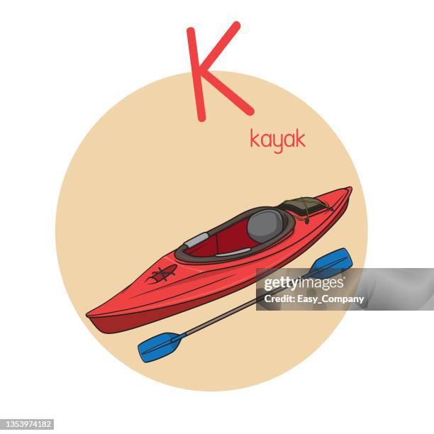 vector illustration of kayak with alphabet letter k upper case or capital letter for children learning practice abc - kids at river stock illustrations