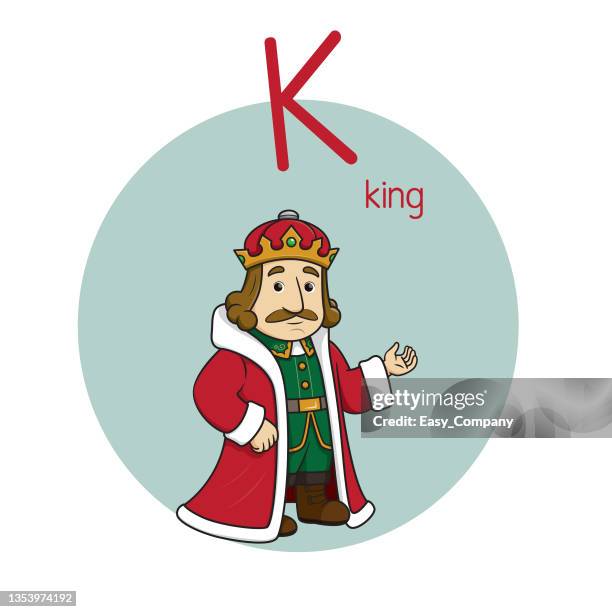 vector illustration of king with alphabet letter k upper case or capital letter for children learning practice abc - coronation stock illustrations