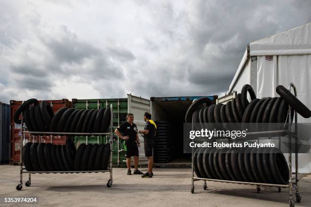 Mechanics prepare tires during the 2021 Pirelli Indonesian Round - World SBK Championship at Pertamina Mandalika International Street Circuit on...