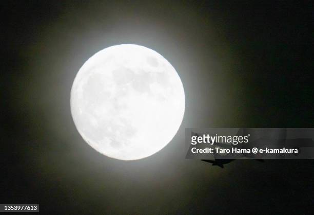 the airplane flying under moon over kanagawa of japan - tokyo international airport ストックフォトと画像