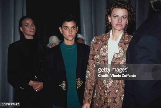 American club owner Ingrid Casares and American actress and comedian Sandra Bernhard and a woman attending the 'Terminator 2: Judgment Day' premiere...