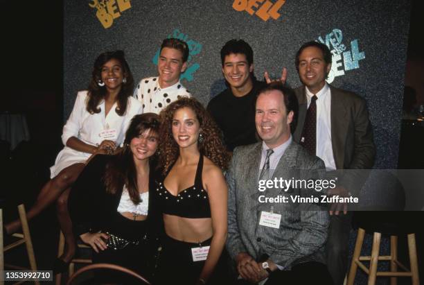 The cast and creator of NBC sitcom 'Saved by the Bell' ( American actress Lark Voorhies, American actor Mark-Paul Gosselaar, American actor Mario...