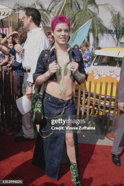 American singer Pink, with pink hair, attends the 2nd Annual Teen Choice Awards, held at the Barker Hangar at Santa Monica Air Center in Santa...