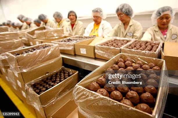 Packers fill boxes of chocolate on the production line at the See's Candies Inc. Packing facility in South San Francisco, California, U.S., on...