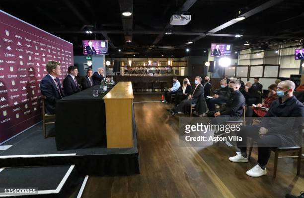 General View of Johan Lange, Aston Villa Sporting Director, Steven Gerrard, manager of Aston Villa and Christian Purslow, CEO of Aston Villa during a...