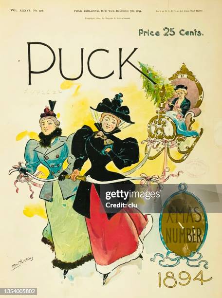 puck xmas number 1894: two elegant women pull a sledge - uncle sam stock illustrations