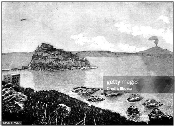 antike illustration: insel ischia, italien - vesuv stock-grafiken, -clipart, -cartoons und -symbole