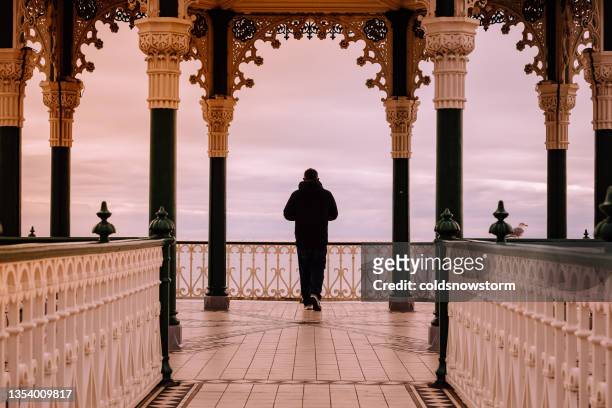 rear view of man standing alone amid regency-style architecture in brighton, england - east sussex imagens e fotografias de stock