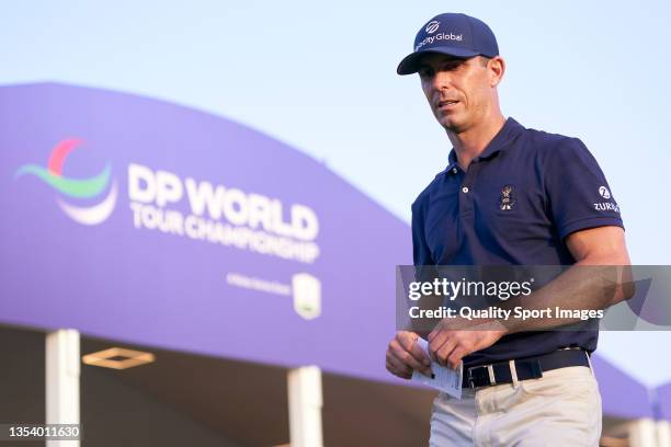 Billy Horschel of The United States looks on during Day One of The DP World Tour Championship at Jumeirah Golf Estates on November 18, 2021 in Dubai,...