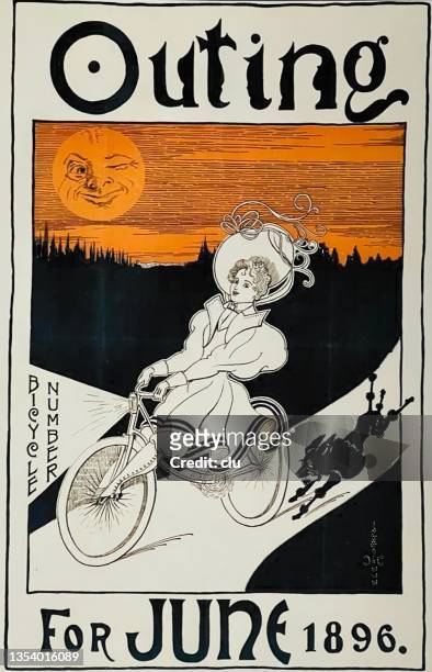 stockillustraties, clipart, cartoons en iconen met outing magazine title june 1896: a woman rides a bicycle with a dog running behind her. a full moon winks from the sky. - image title