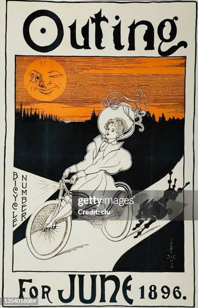 ilustrações, clipart, desenhos animados e ícones de título da revista outing junho de 1896: uma mulher anda de bicicleta com um cachorro correndo atrás dela. a lua cheia pisca do céu. - 1896