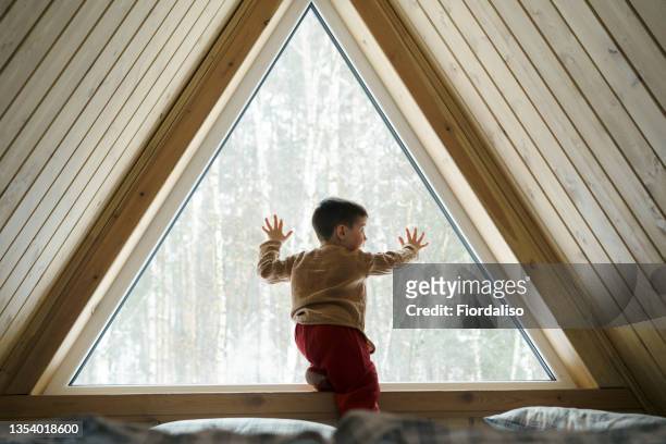 three year old boy - rear view hand window stockfoto's en -beelden