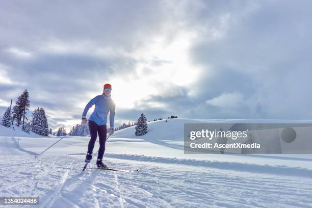 female cross-country skier follows ski track - 越野滑雪 個照片及圖片檔
