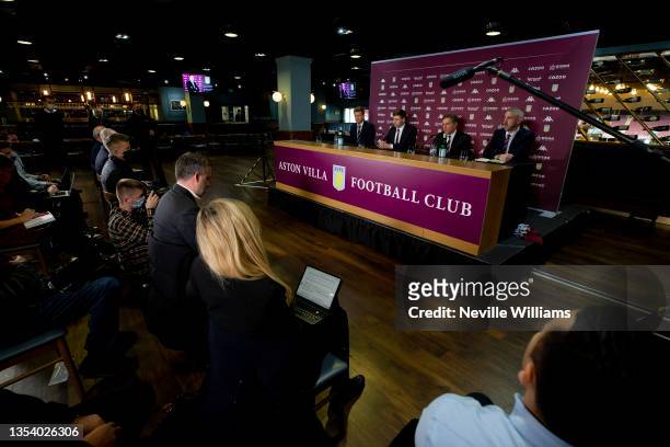 New Aston Villa head coach Steven Gerrard talks to the press during a press conference at Villa Park with Johan Lange Sporting Director of Aston...