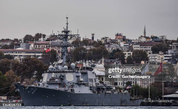 The guided-missile destroyer USS Porter of the U.S. Navy docks at Sarayburnu after its NATO exercise in the Black Sea in Istanbul, Turkey, on...