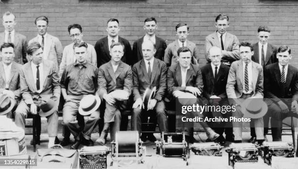 Those arrested in the August 22, 1922 raid of the Communist Party convention at Bridgman who will face trial in St Joseph, Michigan, US, circa 1923;...