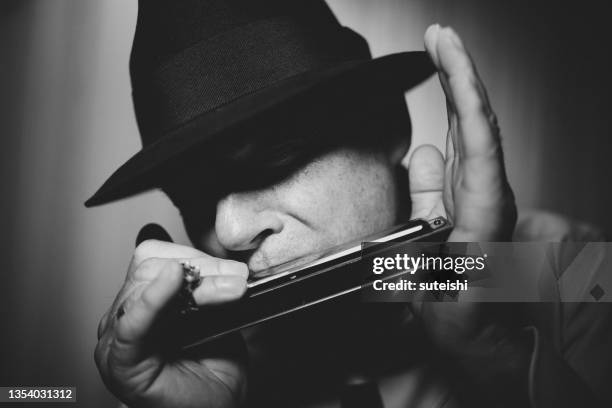 the harmonica player. - harmonica stock pictures, royalty-free photos & images