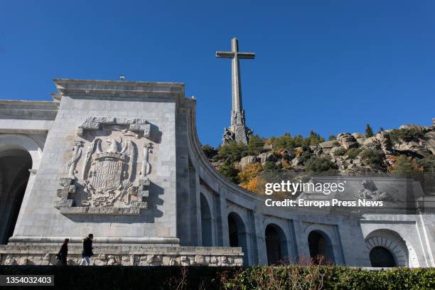 General view of the coat of arms of the Catholic Monarchs sculpted in the monumental complex of the Valley of the Fallen on November 17 in San...
