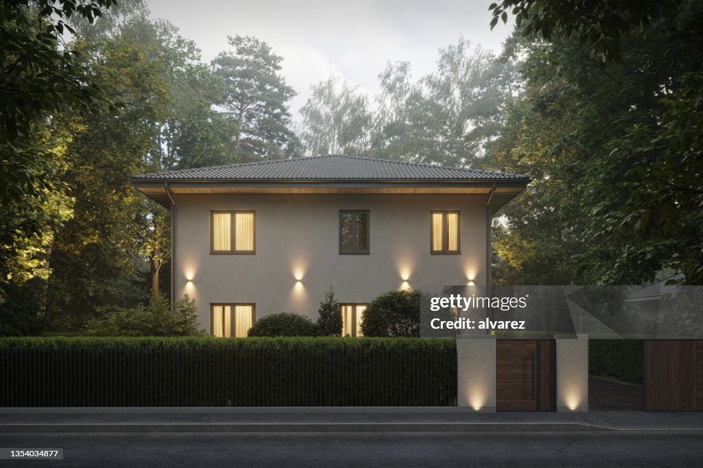 Representación 3d de bungalow moderno rodeado de árboles