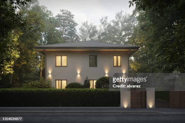 3d rendering of modern bungalow surrounded by a trees - garden fence stock pictures, royalty-free photos & images